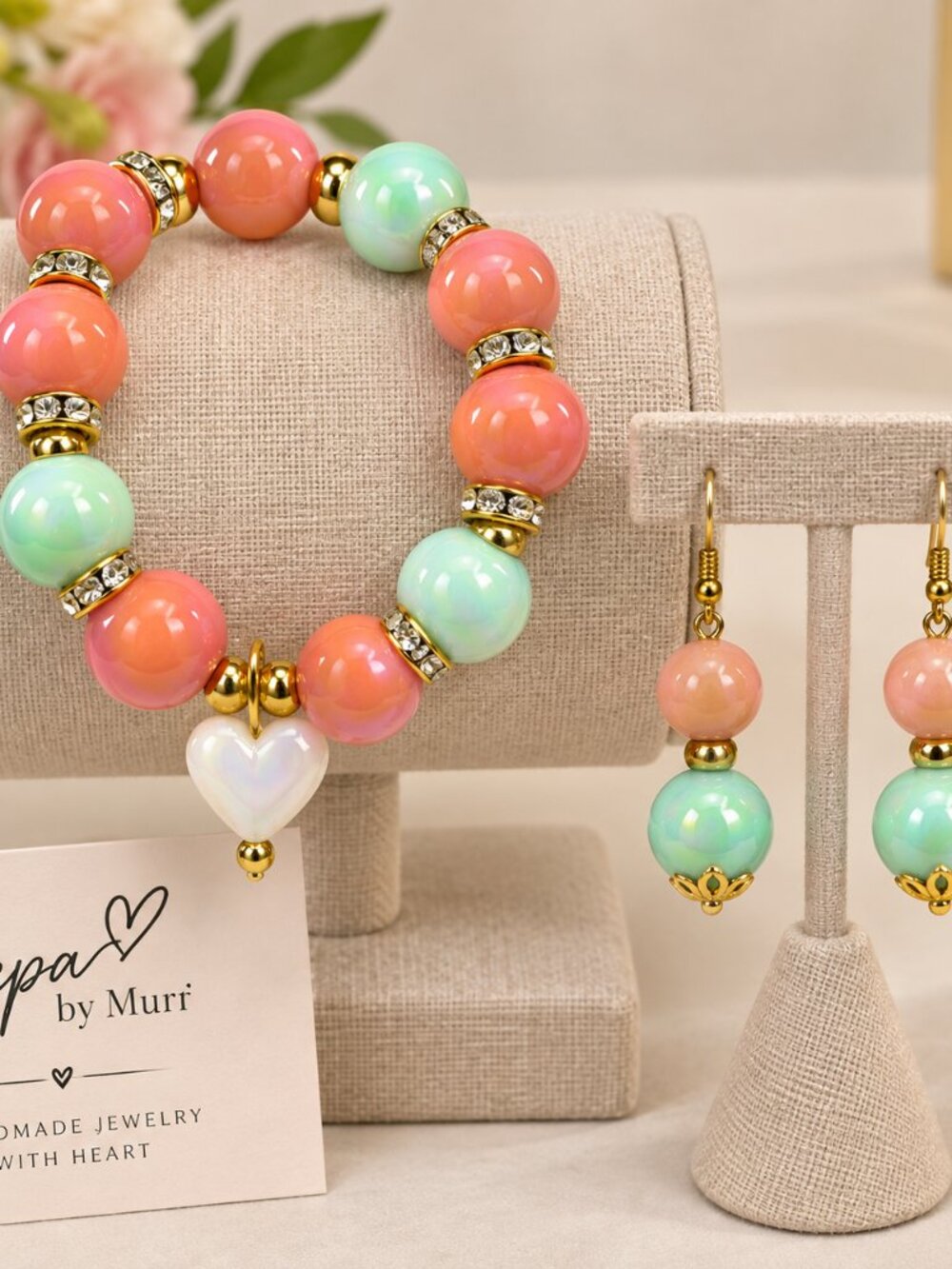 Peach & Mint Bubblegum Jewelry Set | Handmade Bracelet & Earrings
